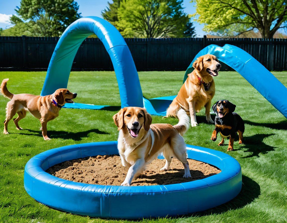 A vibrant dog playground filled with various breeds joyfully playing together: a golden retriever chasing a frisbee, a beagle exploring a tunnel, and a small dachshund climbing on play structures. In the background, owners cheer and interact, showcasing a sense of community and fun. Bright blue sky and green grass enhance the lively atmosphere. bright colors. super-realistic.