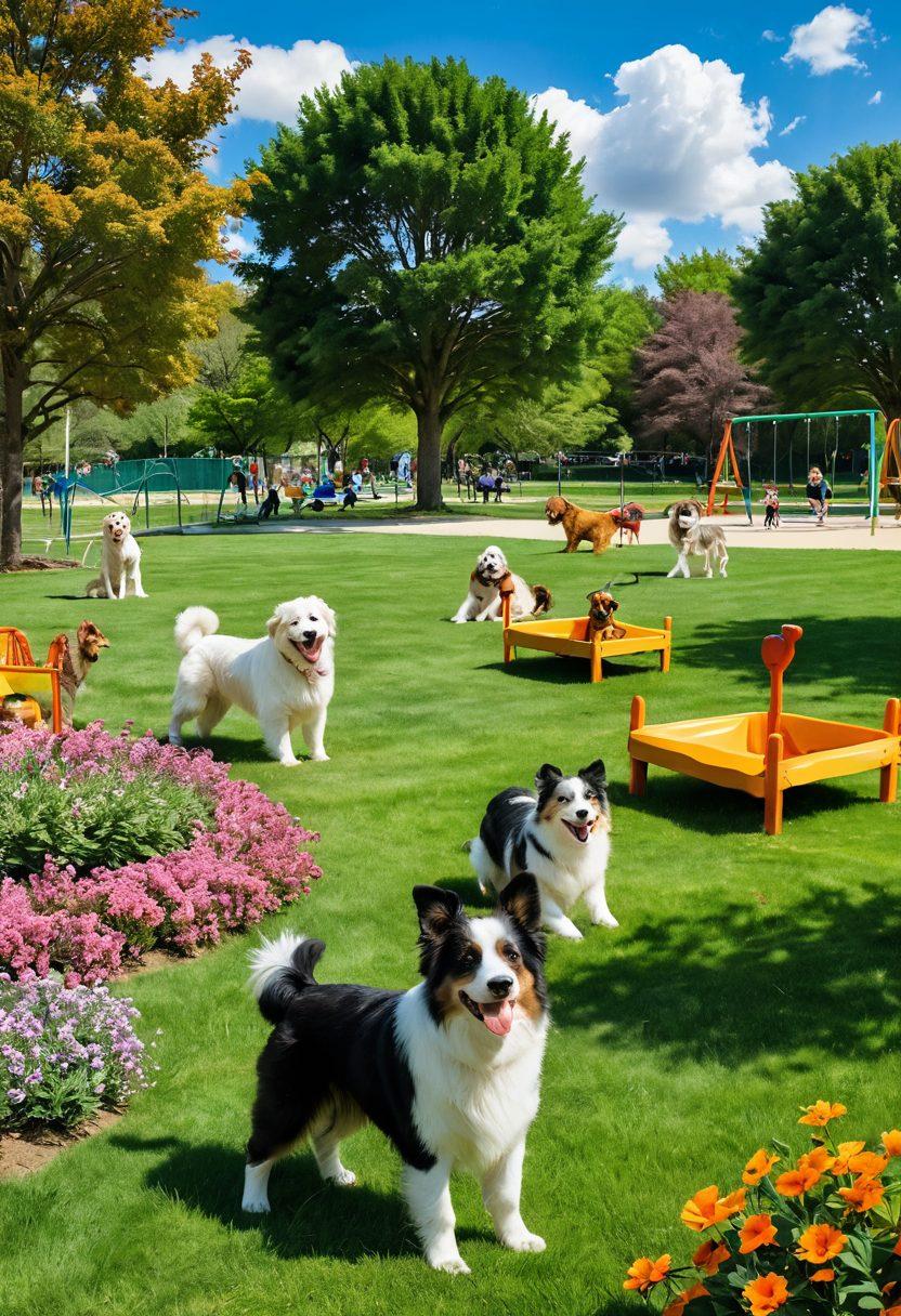 A vibrant scene of dogs joyfully playing in an expansive dog park, with various breeds, cascading green grass, and colorful playground structures designed for pets. Lively children and their parents are cheering on, surrounded by blooming flowers and shaded trees. A blue sky with fluffy clouds adds to the cheerful atmosphere. super-realistic. vibrant colors. white background.