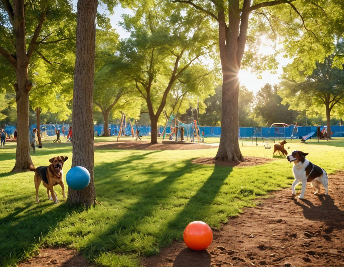 A vibrant dog park scene filled with diverse breeds playfully interacting, while joyful pet parents chat and share rescue stories. Include colorful playground equipment and lush greenery, underscoring a sense of community and connection. Capture dogs in action - fetching balls and frolicking in the grass, showcasing the bond between pets and owners. Emphasize an inviting atmosphere with a blue sky and soft sunlight filtering through trees. super-realistic. vibrant colors.